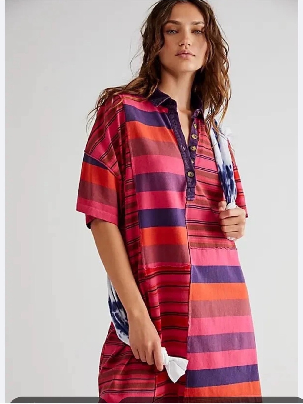 Free People Charlie T Shirt Dress Multicolored Striped Patchwork Polo Tunic